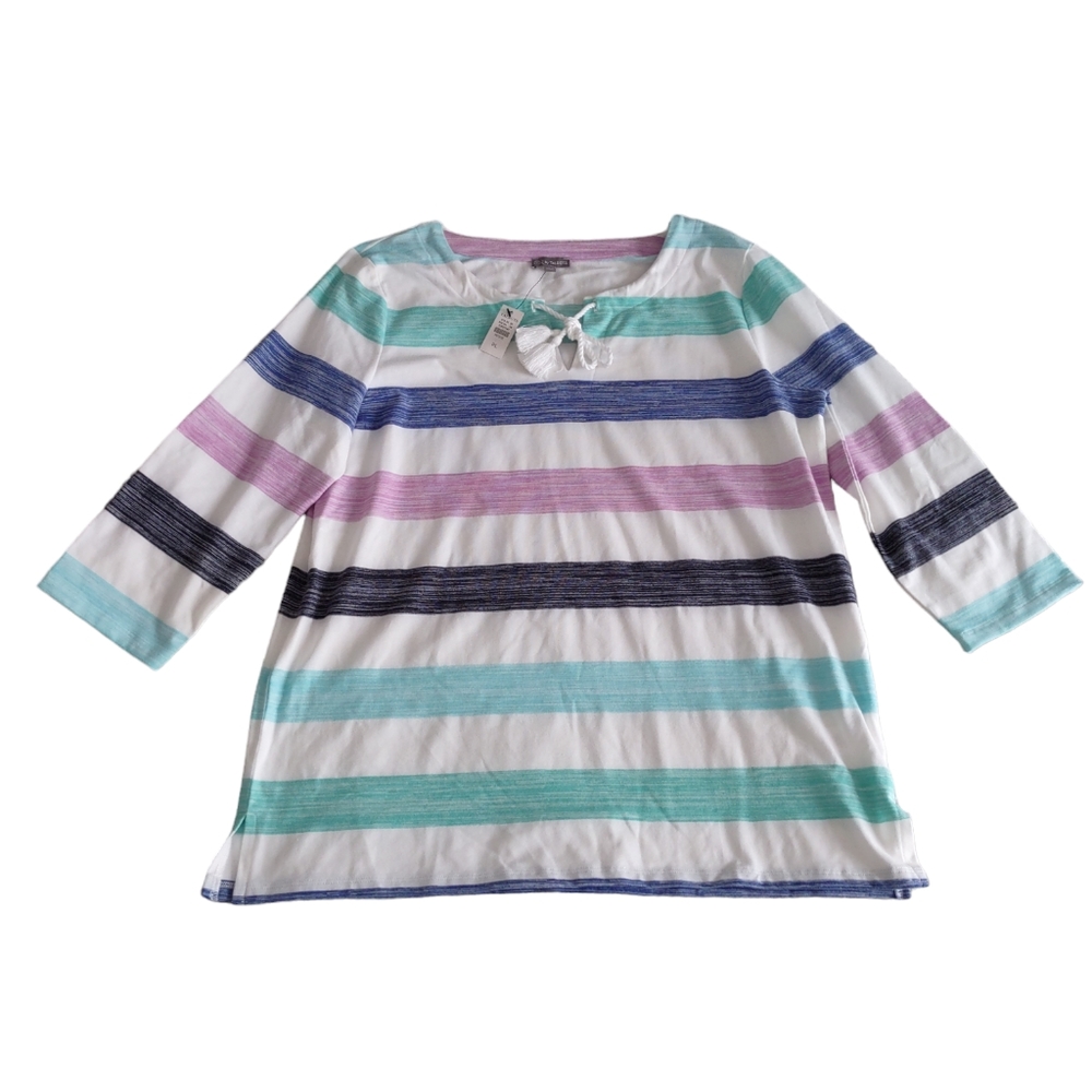 NWT T by Talbot's Large Petite Pastel Striped Quarter Sleeve Tassel Top